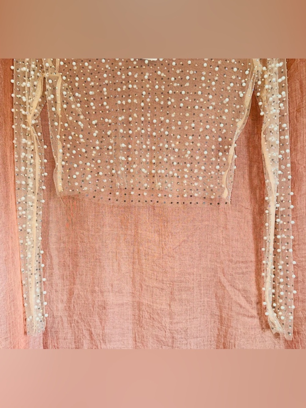NWT Windsor Beautifully Beaded Mesh Crop Top in Natural (Nude) size Medium - Picture 8 of 11